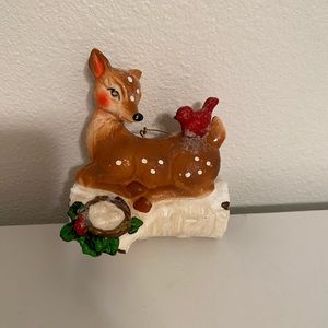Vintage Christmas Ornament hard plastic spotted deer red cardinal on back